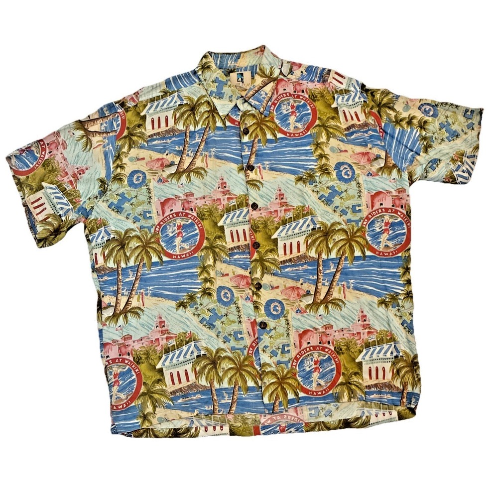 Kahala Men's XL Hawaiian Surf Riders At Waikiki Royal Coconut Palm Trees Shirt
